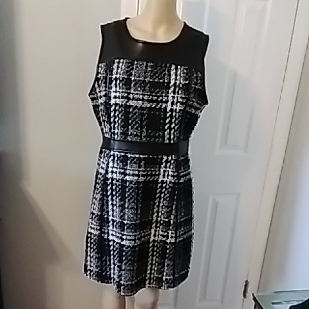 Boston Proper Plaid Black and White Midi Dress Faux Leather/Tweed